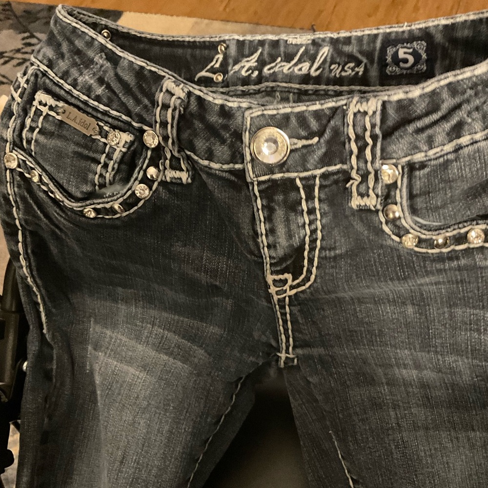L.A. idol Women's Dark Gray Jeans with Rhinestone Accents